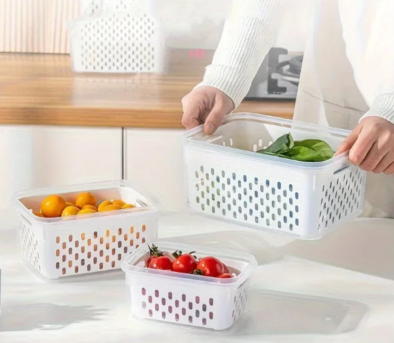 Fruit Storage Containers with Colander Lids (4-Pack) – Fridge Organizer & Fresh Produce Keeper