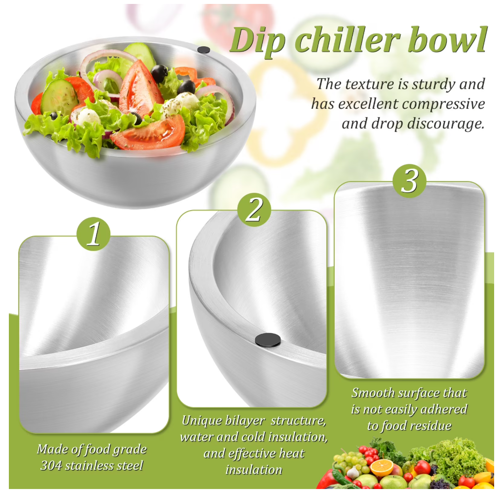 🧊Stainless Steel Dip Chiller Bowl Serving Bowl with Double Walled Ice Cavity Insulated Etch Resistant Robust Long Service Life for Party Gatherings