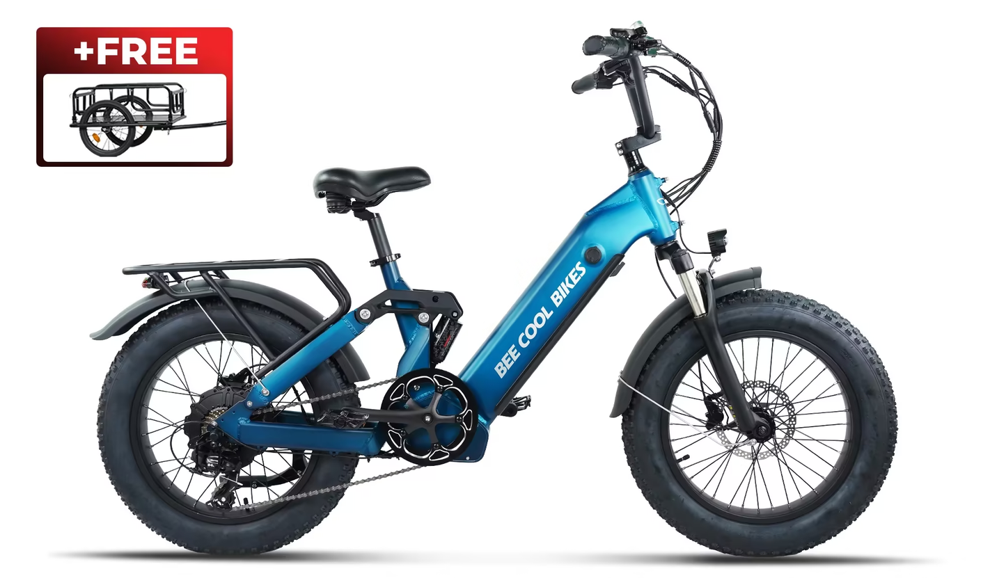 Foldable Fat Tire Electric Bike with Full Suspension, Long Range & FREE Cargo Trailer