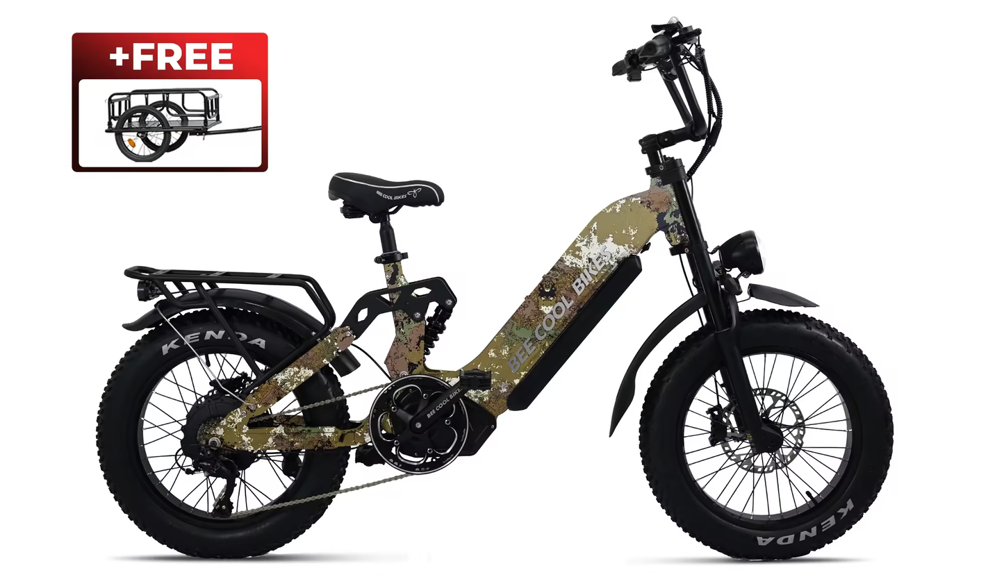 Foldable Fat Tire Electric Bike with Full Suspension, Long Range & FREE Cargo Trailer