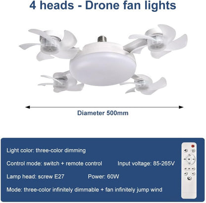 2026 New E27 B22 Screw in Socket Ceiling Fan Light, Drone-Style 4 Head 2-in-1 Silent LED Fan Lamp with Remote Control, 3 Speed 3 Color
