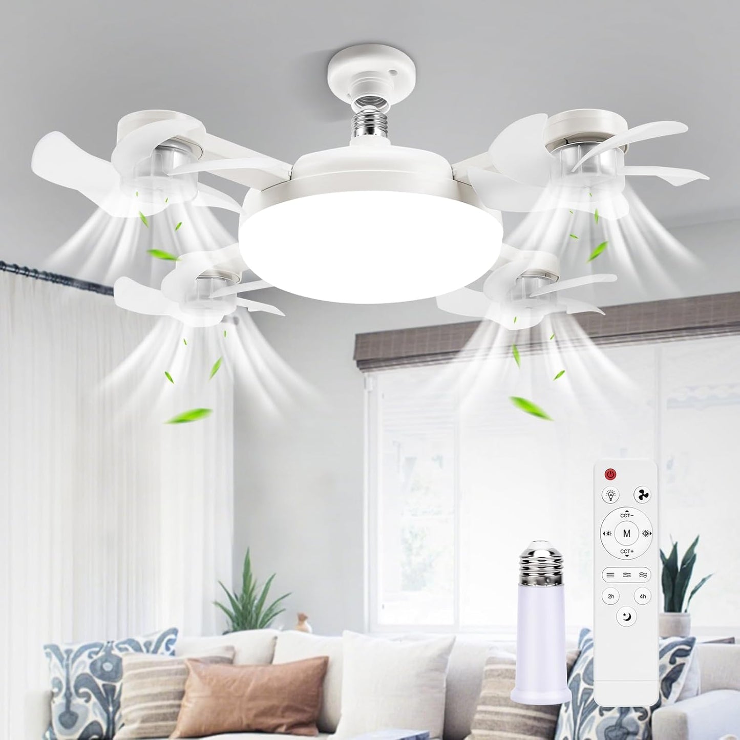 2026 New E27 B22 Screw in Socket Ceiling Fan Light, Drone-Style 4 Head 2-in-1 Silent LED Fan Lamp with Remote Control, 3 Speed 3 Color
