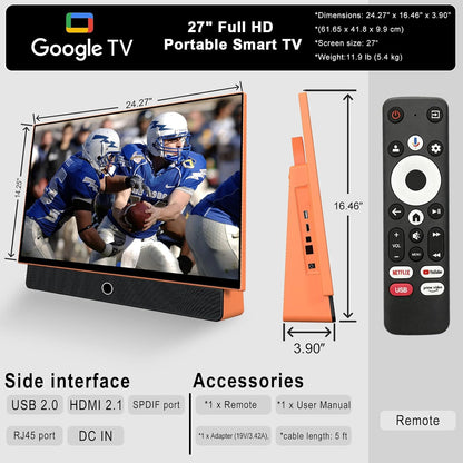 27-Inch Portable Smart TV with Battery Operated, 1080P FHD Smart TV OS, HDR10, Dolby Audio, Chromecast & Bluetooth, Ideal for Outdoor Viewing, RV Trips, Sports & Movie Nights (G27CF,Orange)