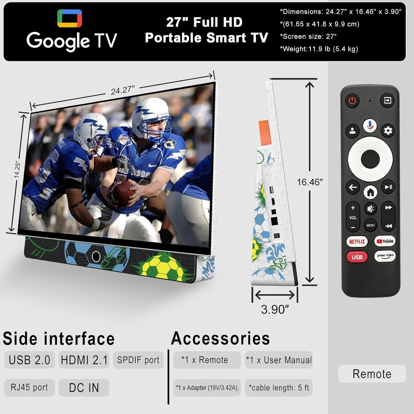 27-Inch Portable Smart TV with Battery Operated, 1080P FHD Smart TV OS, HDR10, Dolby Audio, Chromecast & Bluetooth, Ideal for Outdoor Viewing, RV Trips, Sports & Movie Nights (G27CF,Orange)