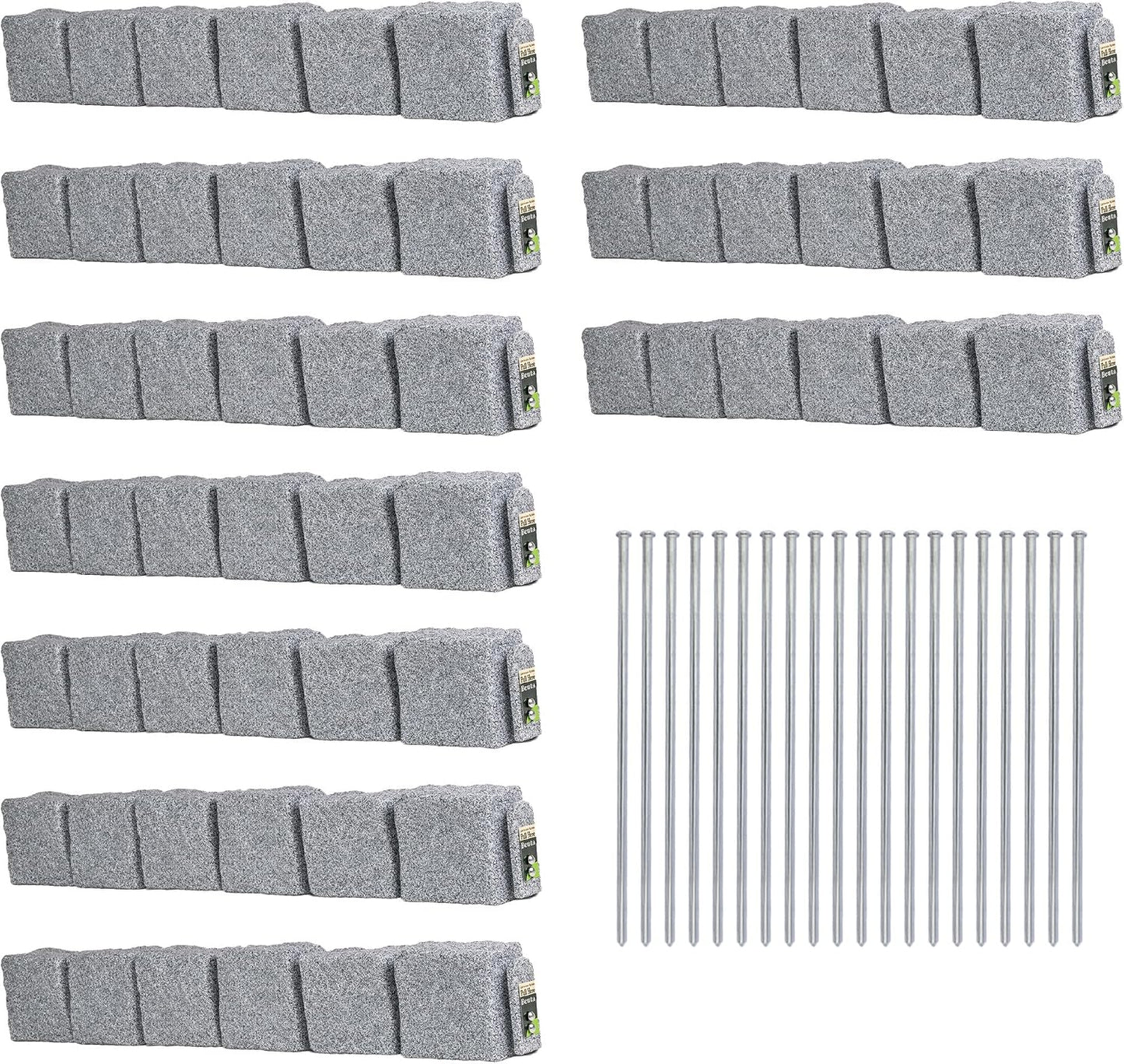 Beuta Landscape Edging | Garden Edging Border | Faux Stone Blocks for Lawn Edging, Flower Beds & Yard Edging – 10 Pack | Each Section Has 6 Blocks 48" L x 4" W x 6.5" H | 20 Spikes | Greystone